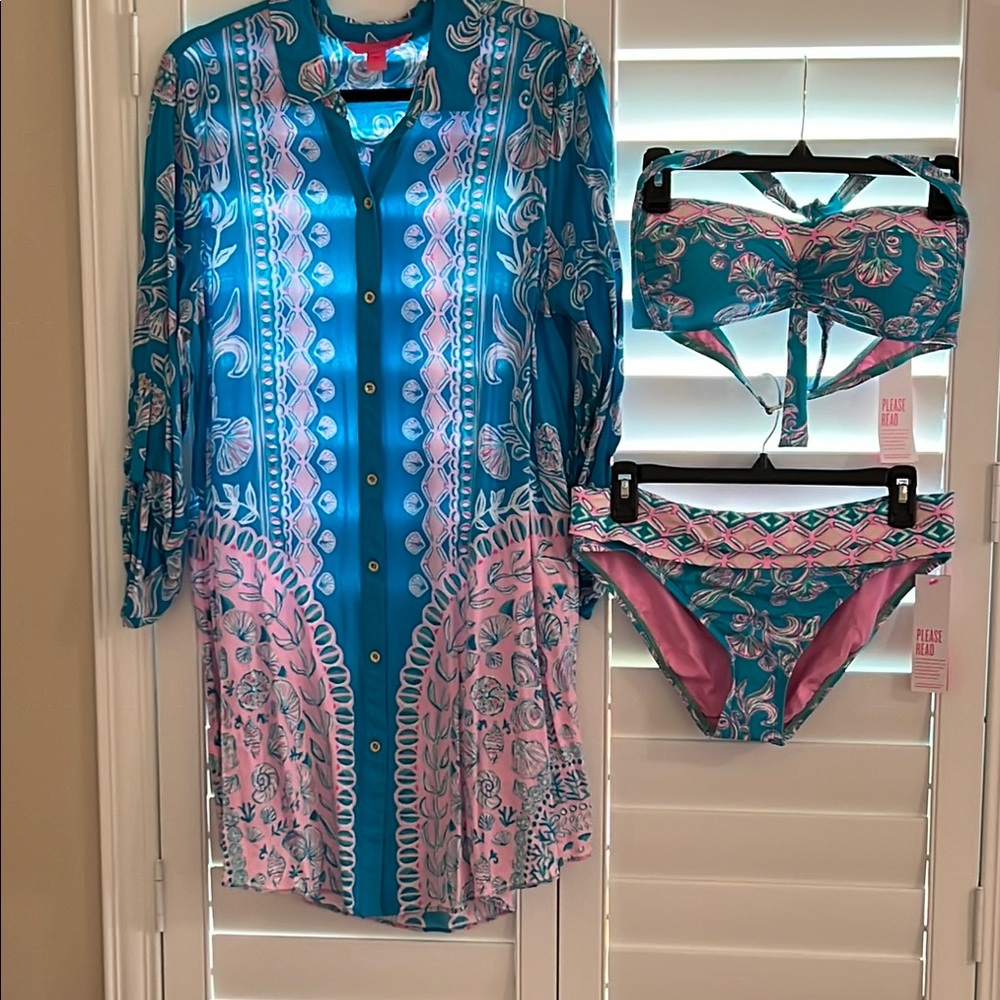 Lilly Pulitzer Bikini and Cover Up - Print is “Water Ya Waiting For”.